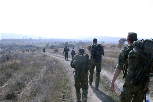 A group of German soldiers march along the Dancon route, Nov. 7, near Mitrovica/Mitrovice. The Germans soldiers, along with more than 700 others, participated in the approximately 27-kilometer March.