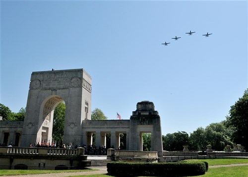A-10C Thunderbolt II aircraft assigned to the 81st Fighter Squadron, Spangdahlem Air Base, Germany, perform a fly-over during a Memorial Day ceremony at the Lafayette Escadrille Memorial located on the outskirts of Paris, May 26, 2012. The memorial honors American pilots who volunteered to join the French Escadrille Lafayette and the Lafayette Flying Corps during World War I and also serves as a final resting place for the remains of 49 of those pilots.