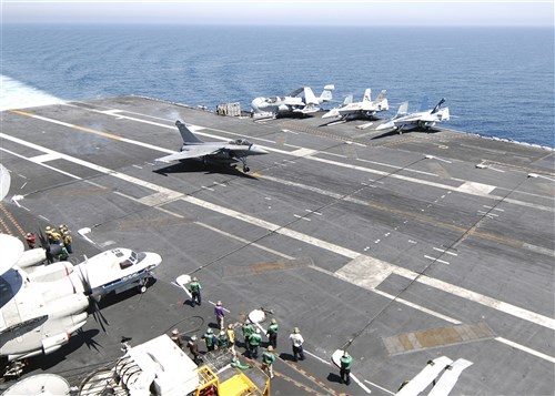 USS HARRY S. TRUMAN, Mediterranean Sea &mdash; A French navy Rafale F-3 fighter aircraft lands aboard the Nimitz-class aircraft carrier USS Harry S. Truman (CVN 75) June 4. Harry S. Truman is deployed as part of the Harry S. Truman Carrier Strike Group supporting maritime security operations and theater security cooperation efforts in the U.S. 5th and 6th Fleet areas of responsibility. (U.S. Navy photo by Ensign Dusan Ilic)