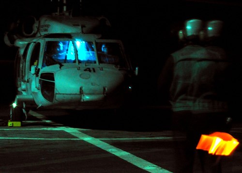 USS Mount Whitney, Mediterranean Sea &mdash; A MH-60 Knight Hawk helicopter lands aboard USS Mount Whitney (LCC/JCC 20) April 28 after conducting search and rescue operations for a missing civilian aircraft off the coast of the Greek island Argostoli.  Mount Whitney offered assistance in response to communications from the Greek Maritime Regional Coordination Center.  At the time of the report, Mount Whitney was about 100 miles from the suspected crash site and immediately altered course to the scene. Mount Whitney is the U.S. Sixth Fleet flagship and is currently on a regularly scheduled deployment. (Department of Defense photo by Navy Mass Communication Specialist 3rd Class Eddie Harrison)