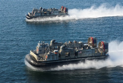 US Navy Landing Craft, Air Cushion (LCAC) amphibious crafts perform maneuvers during Baltic Operations (BALTOPS) June 12, 2015. BALTOPS is an annual multinational exercise designed to enhance flexibility and interoperability, as well as demonstrate resolve among allied and partner forces to defend the Baltic region. (U.S. Navy photo by Mass Communications Specialist 3rd Class Timothy M. Ahearn/Released)