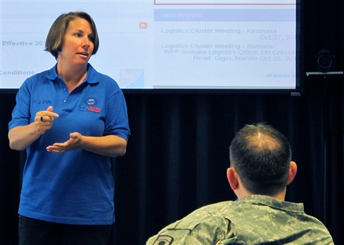 Angela Sherbenou, OFDA senior humanitarian advisor and civilian/military advisor to U.S. Africa Command, leads a presentation during the Joint Humanitarian Operations Course May 22-23, 2012. The course, offered twice annually to U.S. European Command and U.S. Africa Command, provides a high-level overview of the Office of U.S. Foreign Disaster Assistance (OFDA), USAID's arm for foreign disaster response. Of the 70 some disasters that OFDA responds to each year, about 10 percent involve the U.S. military in some role. The JHOC course is designed to build relationships and explain the disaster response process before such an event occurs.