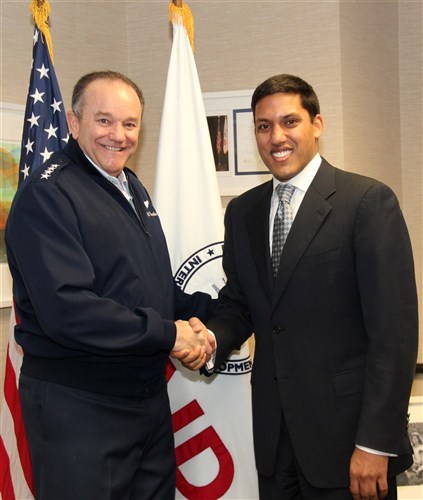 U.S. Air Force Gen. Phil Breedlove, commander of U.S. European Command, met with Dr. Rajiv Shah, administrator of the U.S. Agency for International Development, in Washington, D.C., Jan. 13, 2014, to discuss the future of U.S. redeployment from Afghanistan and humanitarian assistance for Syrian refugees. Focused on strengthening the USAID-EUCOM relationship in the months to come, Breedlove and Shah agreed on the imperative of urgent humanitarian assistance. (USAID photo by Pat Adams/Released)