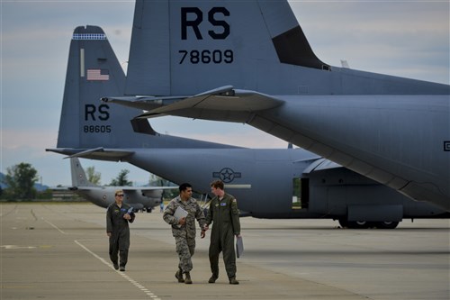 Airmen from the 37th Airlift Squadron inspect C-130J Super Hercules before a formation flight during Exercise Thracian Summer 2016 July 17, Plovdiv, Bulgaria. During the two-week forward training deployment, the 37th Airlift Squadron are conducting tactical flight training which include low-level flights, airdrop training with partnered forces and other related training events. The evolutions help preserve joint readiness, build interoperability and strengthen relationships with our NATO allies.  (U.S. Air Force photo/Senior Airman Nicole Keim)