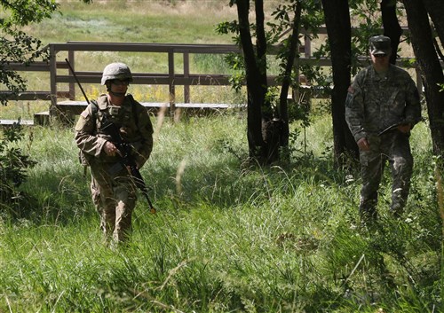 Sgt. Matthew Peters, a laboratory specialist assigned to the 28th Combat Support Hospital, navigates through a field of high brush during a patrol on Camp Bondsteel, Kosovo, July 9. Peters was one of four Soldiers to compete in the Multinational Battle Group-East's Best Warrior competition. (U.S. Army photo by: Staff Sgt. Thomas Duval, Multinational Battle Group-East public affairs)