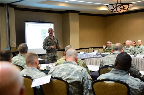 Air Force Brig. Gen. David San Clemente, deputy director for strategy, plans and program at AFRICOM, speaks to senior leaders of ten National Guard states from across the U.S., U.S. Africa Command and U.S. Army Africa, about strategic and long-term planning at the State Partnership Program conference in Raleigh, N.C., Jan. 26, 2016.  The service members met at the conference to discuss the long-term strategic plans and programs for AFRICOM. These plans include security force assistance programs, strengthening institutions and regional approaches to disaster preparedness. (U.S. Army National Guard photo by Sgt. Lisa Vines, Public Affairs Office/Released)