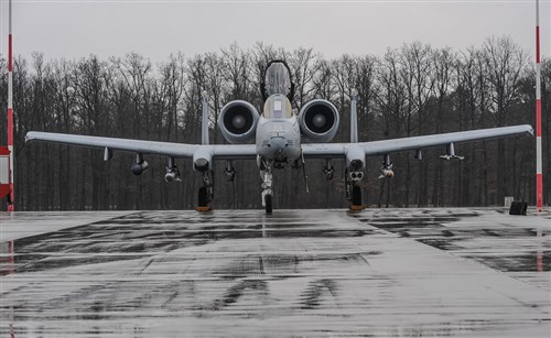 The 354th Expeditionary Fighter Squadron sent four A-10 Thunderbolt II attack aircraft to Powidz Air Base, Poland, Thursday, March 26, 2015. The A-10s were a part of Operation Atlantic Resolve, a continued commitment to collective security through a series of actions designed to reassure NATO allies and partners of America's dedication to enduring peace and stability in the region. (U.S. Army photo by Spc. Ricky Bowden)  (Released)
