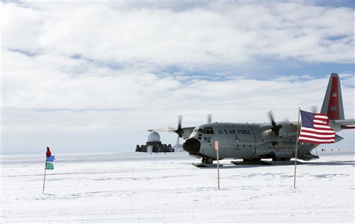 An LC-130 "Skibird" from the New York Air National Guard's 109th Airlift Wing in Scoita, New York, at Camp Raven, Greenland, near the DYE-2 site, on June 28, 2016. Crews with the 109th AW use Camp Raven as a training site for landing the ski-equipped LC-130s on snow and ice. Four LC-130s and 80 Airmen from the Wing recently completed the third rotation of the 2016 Greenland season. Airmen and aircraft for the 109th Airlift Wing stage out of Kangerlussuaq, Greenland, during the summer months, supplying fuel and supplies and transporting passengers in and out of various National Science Foundation camps throughout the entire season and also train for the Operation Deep Freeze mission in Antarctica. The unique capabilities of the ski-equipped LC-130 aircraft make it the only one of its kind in the U.S. military, able to land on snow and ice. (U.S. Air National Guard photo by Staff Sgt. Benjamin German/Released)