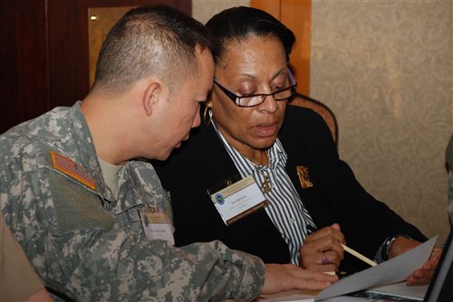 GARMISCH, Germany - Sue Brown (right), deputy chief of mission at the U.S. Embassy in Ghana, confers with Army Major Tong Vang, chief of U.S. Africa Commanddâs Office of Security Cooperation, U.S. Embassy, Ghana, during U.S. AFRICOM's 2009 Theater Security Cooperation Working Group conference in Garmisch, Germany, February 4, 2009. The command is planning the Department of Defense's military security assistance programs in Africa for fiscal years 2010 and 2011 during this annual capstone planning event. The conference brings together nearly 500 officials from U.S. Africa Command, U.S. Embassy country teams in Africa, component commands and interagency organizations, underscoring the multi-agency approach to developing and conducting sustained security assistance programs in Africa. (Photo by Kenneth Fidler, U.S. Africa Command)