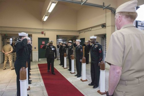 NAPLES, Italy (March. 2, 2015) Commander, U.S. 6th Fleet, Vice Adm. James Foggo, III, welcomes Gabon navy Chief Rear Adm. Yves Keba Malekou as he arrives for the 2015 Combined Force Maritime Component Commander (CFMCC) Flag Course Africa at Naval Support Activity Naples, Italy, March 2, 2015. During this weeklong CFMCC course, facilitated by the U.S. Naval War College, 33 senior naval leaders from maritime countries in Europe and Africa will participate in seminars and discussions focusing on the effective employment of naval forces in a joint, coalition or interagency environment. (U.S. Navy photo by Mass Communication Specialist 3rd Class Daniel P. Schumacher/Released)