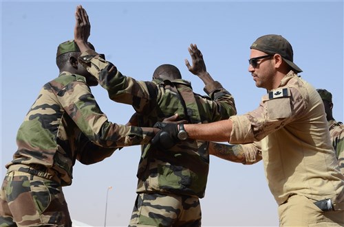 Canadian Special Operations Regiment instructors teach soldiers from the Niger Army how to properly search a detainee in Agadez, Niger, Feb. 24, 2014. The training is a block of instruction during the Flintlock exercise to build partnership and the capabilities of partner African nations.  (U.S. Army Photo by Spc. Timothy Clegg)