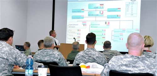 Lt. Col. (Dr.) Filiep Callewaert, from the European Air Transportation Command (EAATC) and Aeromedical Evacuation Control Center (AECC) in the Netherlands, brief participants of the Command Surgeon’s Conference conducted at the U.S. Army Garrison Stuttgart, Germany at Kelley Barracks, July 15-17, 2014.   The three-day annual conference, organized by the AFRICOM Command Surgeon’s Office, brought together representatives from the command’s component and sub-unified commands, Department of State, and for the first time, European partners which included members from France and Germany and two organizations from the Netherlands.  (Photos by Tech. Sgt. Olufemi A. Owolabi) 