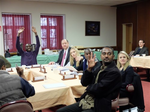 AU journalists engage with AFRICOM during a media delegation visit, Feb. 9, 2015, at Kelley Barracks, U.S. Army Garrison, Stuttgart, Germany.  Eight journalists, who are accredited with the African Union, are here as participants of a U.S. AFRICOM-sponsored media delegation visit to learn about the command's mission and programs. (Photo by Brenda Law/U.S. Africa Command Public Affairs/Released)