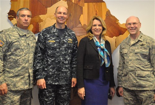 Secretary of the Air Force visits AFRICOM. Secretary of the Air Force Deborah Lee James poses with senior leaders of U.S. Africa Command at the command's headquarters, Nov. 18, 2015.  Pictured left to right: Senior Enlisted Leader, U.S. Army Command Sgt. Maj. Darrin Bohn; Deputy to the Commander for Military Operations, U.S. Navy Vice Adm. Michael Franken; Secretary James, and Chief of Staff, U.S. Air Force Maj. Gen. Michael Kingsley. (U.S. Africa Command photo by Brenda Law/RELEASED)