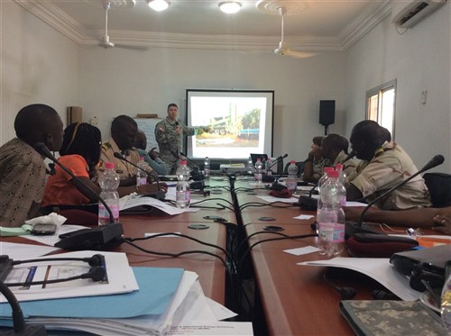 BAMAKO, Mali - Lt. Col. Robert Hailey, USACE Liaison to AFRICOM, leads a discussion on base camp water management during the Mali Military Base Design and Operational Energy Workshop.