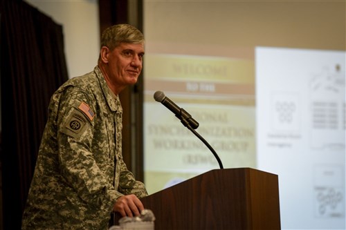 U.S. Army Gen. David M. Rodriguez, U.S. Africa Command commander, gives opening comments at the annual Regional Synchronization Working Group conference Oct. 26, 2015, at Ramstein Air Base, Germany. More than 200 U.S. service members from AFRICOM and NATO partners attended the conference to align their focus and meet the intent of the theater campaign plan. (U.S. Air Force photo/Senior Airman Nicole Sikorski/Released)