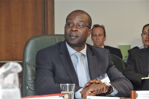 The Hon. Kalorero Mutabazi, Uganda’s Undersecretary of Ministry of Defense, listens as a member of the AFRICOM staff briefs the East African Community (EAC), Nov. 6, Kelley Barracks, U.S. Army Garrison in Stuttgart, Germany.  The EAC is the regional intergovernmental organization of the Republics of Burundi, Kenya, Rwanda, and Uganda and the United Republic of Tanzania, with its headquarters in Arusha, Tanzania.  Amb. Phillip Carter, AFRICOM Deputy to the Commander for Civil-Military Engagements, welcomed the delegation, saying, “Your presence here will help re-energize the rapport between the U.S. and the EAC by establishing relationships that will play a key role as we partner with you in the region.” (U.S. Africa Command photo by Brenda Law/Released)