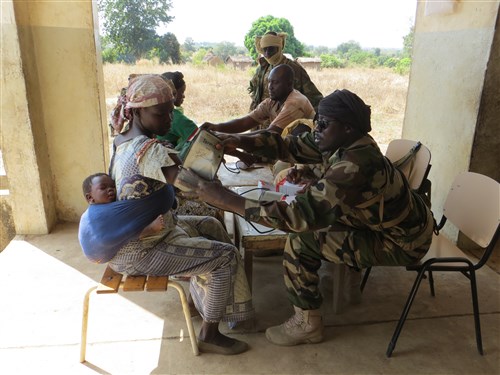 Members of the civil military operations element from the special anti-terrorist group (SATG) of the Chad Army, along with doctors from the village of Mini obtain vital signs at the first station during a medical readiness training exercise (MEDRETE) conducted in the village of Mini, Chad, Dec. 19, 2014. The exercise involved the Chadian medics working together with U.S. Special Operations Forces (USSOF) medics to obtain vital signs, perform initial consultations, present appropriate diagnoses, and prescribe proper medications and treatments for the people of Mini. (Courtesy photo)