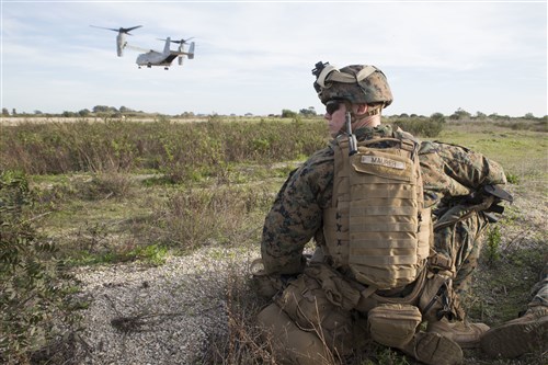 U.S. Marine Cpl. Kyle Maurer, machine gunner with Special-Purpose Marine Air-Ground Task Force Crisis Response-Africa, participates in an alert-force drill aboard Naval Station Rota, Spain, January 23, 2016. The alert force tested the unit’s capabilities by simulating the procedures of reacting to a time-constrained, crisis-response mission. (U.S. Marine Corps photo by Sgt. Tia Nagle)