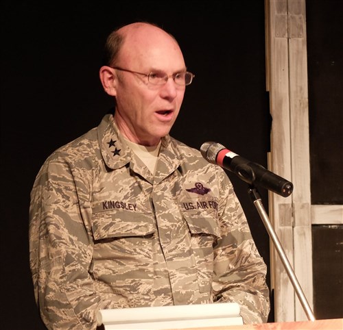 AFRICOM Chief of Staff, U.S. Air Force Maj. Gen. Michael Kingsley, delivers remarks. “A Century of Black Life, History and Culture” served as the theme for this year’s Black History Month celebration, held at Kelley Barracks, U.S. Army Garrison Stuttgart, Feb. 26, 2015.  Performances by the Patch High School and Stuttgart Gospel Service Choirs and a dance from the play “Her Stories” highlighted the accomplishments of African Americans over the past century. (U.S. Africa Command photos by Brenda Law/Released)  