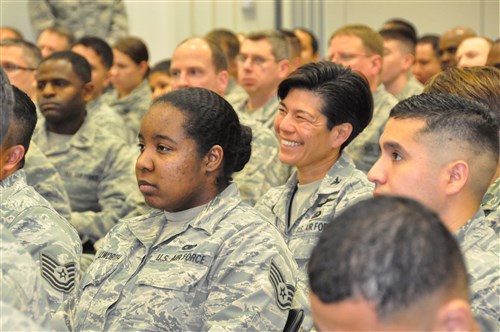 U.S. Airmen stationed in Stuttgart, Germany attend an Airmen's Call with Secretary of the Air Force Deborah Lee James. More than 150 Airmen were able to hear about the Secretary's top priorities for the Air Force, and to engage in a question-and-answer session on Nov. 18, 2015. (U.S. Africa Command photo by Brenda Law/RELEASED)