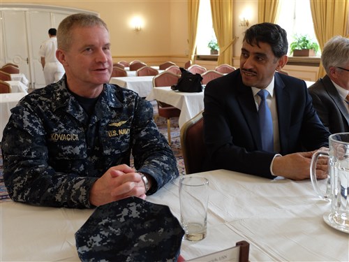 U.S. and Saudi officers meet.  Retired Maj. Gen. Mohammed Qubaiban (right) traveled with officers attending the Saudi Arabia War Course to meet with AFRICOM’s director of plans and strategy, U.S. Navy Rear Adm. Kevin Kovacich, seen here with Maj. Gen Mohammed, and others from U.S. Africa Command. Twenty-five officers are participants in the year-long Saudi Arabia War Course, a professional development program designed for those with potential for high level leadership opportunities within the Saudi Arabia military.  The course was developed some years ago using the U.S. Army War College as a model to help the Saudis develop their own program.  Past classes have heard from EUCOM, but this was the first year that AFRICOM was added to the agenda, based on a desire by the Saudi Arabia War Course leaders for their officers to learn more about the command’s mission and programs in Africa, U.S. Army Garrison Stuttgart, April 16, 2015.  (U.S. Africa Command photo by Brenda Law/RELEASED)