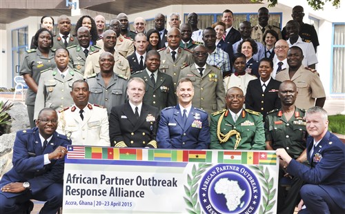 Participants of the first African Partner Outbreak Response Alliance meeting pose for a photo in Accra, Ghana, April 20, 2015.  More than 60 military and civilian doctors and medical practitioners from 12 African nations attended the meeting to discuss the capabilities of African partner nations to respond to a disease outbreak. (U.S. Africa Command photo by Tech. Sgt. Olufemi A Owolabi)