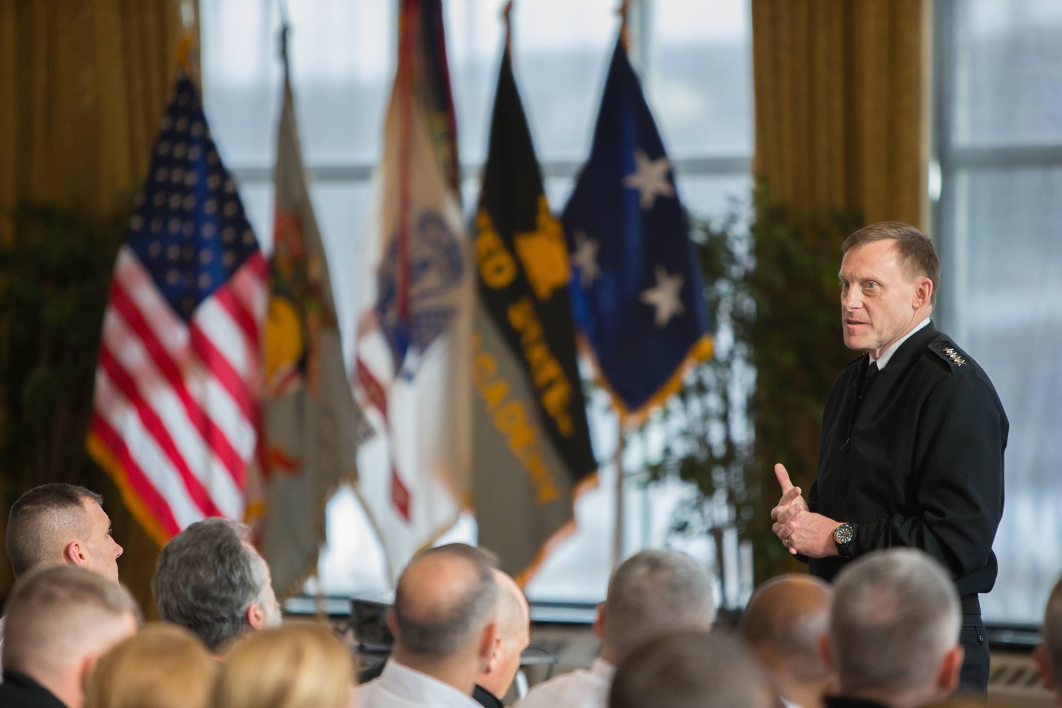 Navy Adm. Michael S. Rogers speaks to cadets and faculty at the U.S. Military Academy at West Point, N.Y., Jan. 9, 2015. He is the commander of the U.S. Cyber Command and director of the National Security Agency. Photo by Army Sgt. 1st Class Jeremy Bunkley