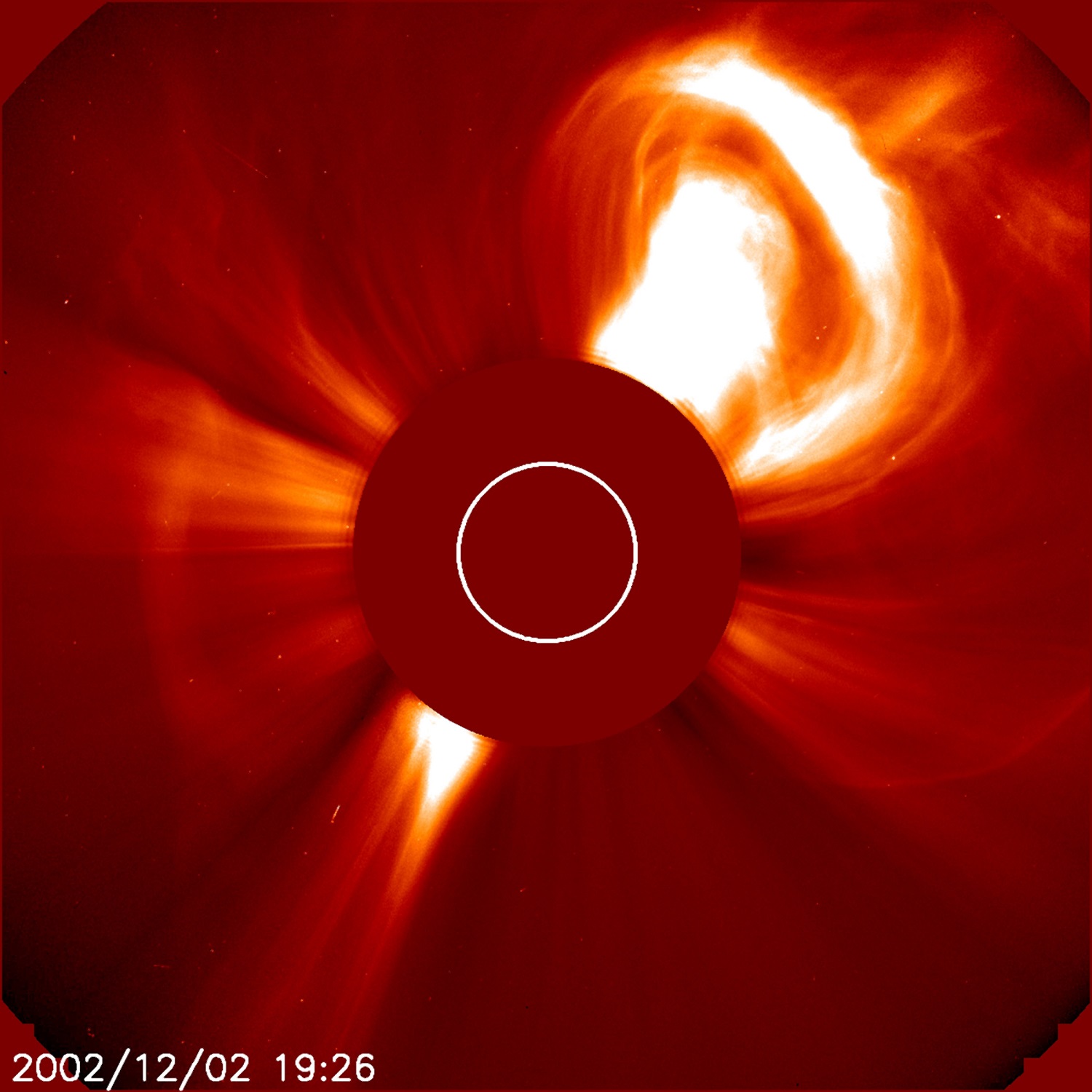 image was taken by LASCO, a U.S. Naval Research Laboratory (NRL) coronagraph instrument, in 2002. Powerful coronal mass ejections (CMEs), like this one, can impact space weather and disrupt military missions; NRL scientists Russ Howard and Dr. James Chen were the first to define their structure, using LASCO and other data. Howard is now working on two new probes that will go closer to the sun than anything previously. "We still don't understand how [CMEs] are formed, how they propagate, and what's the impact at earth," says Howard. "You look at it—here's the event, here's the response—but you don’t know the physics of how it's actually happening and you can't predict." Photo: U.S. Naval Research Laboratory