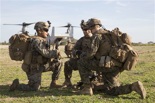 U.S. Marines with the Ground Combat Element, Special-Purpose Marine Air-Ground Task Force Crisis Response-Africa conduct an alert-force drill aboard Naval Station Rota, Spain. SPMAGTF-CR-AF is a self-sustaining crisis-response force prepared for the protection of American personnel and facilities on the African continent when directed by U.S. Africa Command. (U.S. Marine Corps photo by Sgt. Tia Nagle)