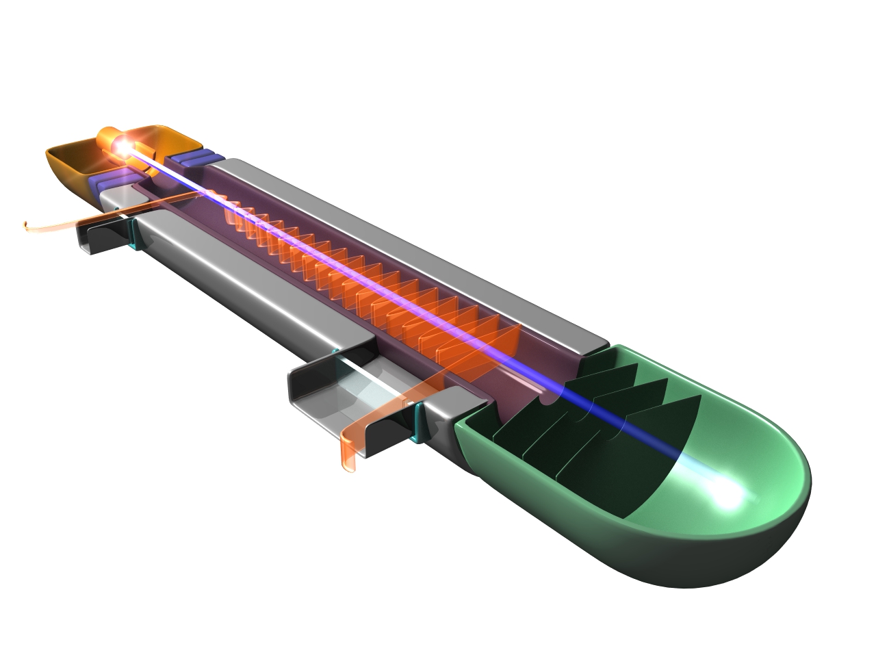 Millimeter wave vacuum tubes, including ones like the travelling wave tube (TWT) depicted here, amplify signals by exchanging kinetic energy in the electron beam (shown as a blue line) with electromagnetic energy (shown as a wave) in the signal. This figure represents a cutaway view of a TWT with all of the critical components: electron gun, magnetic circuit, electron collector, and the windows that keep the vacuum inside the tube while letting the signals flow in and out. 