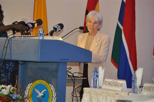 Dr. Barbara Sotirin, AFRICOM Deputy Director for Programs (J5) speaks during the opening ceremony of the West Africa Disaster Preparedness Initiative in Accra, Ghana. (U.S. Africa Command photo by Nate Herring/RELEASED)