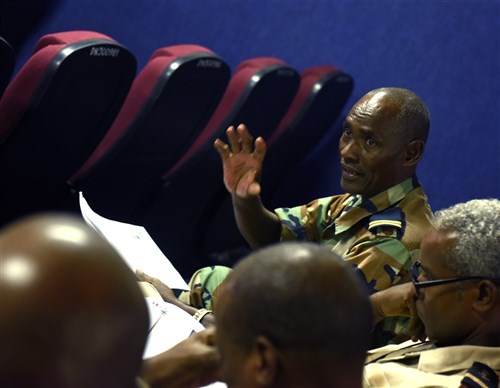 Sgt. Maj. Ibrahim Yabeh, Djibouti Armed Forces senior enlisted leader, speaks with other SELs Dec. 29, 2015, at Camp Lemonnier, Djibouti. Visits like this are intended to develop U.S. and other countries’ military leaders by facilitating professional growth and networking. (U.S. Air Force photo by Staff Sgt. Kate Thornton/RELEASED)