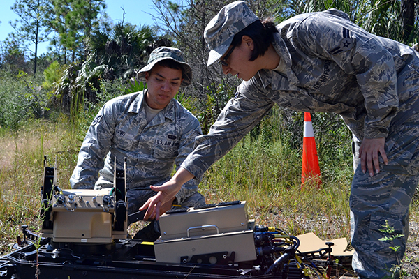 Airman 1st Class Caroline Alper and Senior Airman Kenneth Davis, a Cyber Transport Journeyman with the 290th Joint Communications Support Squadron, power down a satellite dish during a field training exercise at the Camp Blanding Joint Training Center in Starke, Fla., which provided collaborative training between the squadron and the 159th Weather Flight. U.S. Air National Guard photo by Tech. Sgt. William Buchanan.
