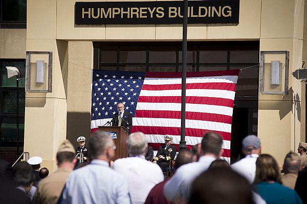 WASHINGTON (April 20, 2015) Howard Joshua Humphreys, descendent of 19th century American frigate designer Joshua Humphreys, delivers remarks at a dedication ceremony for Naval Sea Systems Command headquarters, the Humphreys Building, Building 197, at the Washington Navy Yard. Humphrey's ancestor designed the original six U.S. Navy frigates, including USS Constitution. The renovated building is named in Humphreys' honor. U.S. Navy photo by Mass Communication Specialist 1st Class Nathan Laird.
