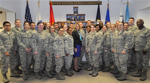 Secretary of the Air Force Deborah Lee James poses with select Airmen stationed in Stuttgart, Germany, Nov. 18, 2015. The Secretary's visit to U.S. Africa Command concluded with an Airmen's Call where she discussed her top priorities for the Air Force. (U.S. Africa Command photo by Brenda Law/RELEASED)