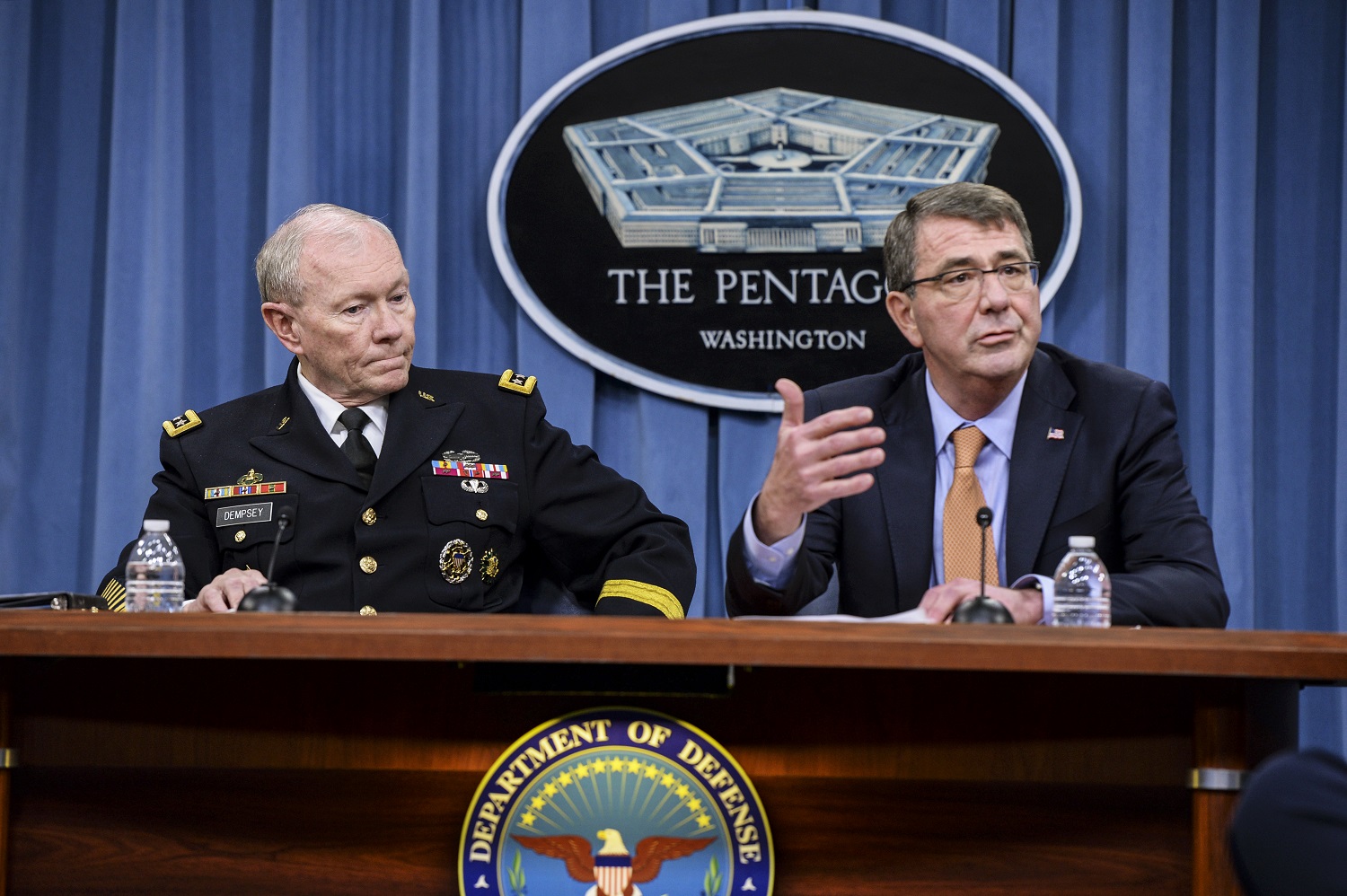 Defense Secretary Ash Carter, right, and Army Gen. Martin E. Dempsey, chairman of the Joint Chiefs of Staff, conduct a news conference at the Pentagon, April 16, 2015. DoD photo by Army Sgt. 1st Class Clydell Kinchen   