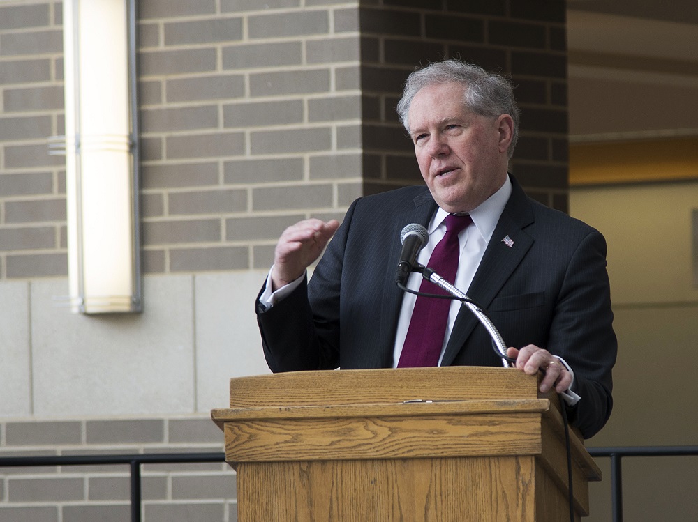 Undersecretary of Defense for Acquisition, Technology and Logistics Frank Kendall speaks to members of the U.S. Navy Naval Air Systems Command workforce at Naval Air Station Patuxent River, Md., March 31, 2015. U.S. Navy photo by Noel Hepp  