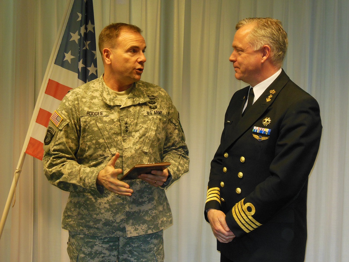 The C2 COE was visited by U.S. Army Lt. Gen. Frederick "Ben" Hodges in March 2014.  At the time, Lt. Gen Hodges served as commander of NATO's Allied Land Command.  His visit reinforced the importance of COEs taking an active role in supporting and providing expertise to NATO component commands. Lt. Gen Hodges is pictured with Capt. Gerrit Nijenhuis, Royal Netherlands Navy, Director Command & Control Centre of Excellence. Photo: NATO C2 COE.