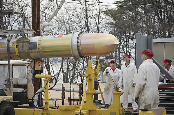 INDIAN HEAD, Md. (March 17, 2015) Members of the Explosive Ordnance Disposal Technology Division team at Naval Surface Warfare Center, Indian Head prepare a Tomahawk missile for a functional ground test at the Large Motor Test Facility in Indian Head, Md. The event marks the 84th functional ground test the Division has conducted since the program began 25 years ago. U.S. Navy photo by Monica McCoy.