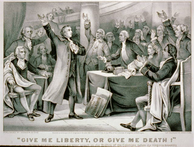 "Give me liberty, or give me death!" Patrick Henry delivering his great speech on the rights of the colonies, before the Virginia Assembly, convened at Richmond, March 23, 1775, concluding with the above sentiment, which became the war cry of the revolution. Image courtesy of the Library of Congress.
