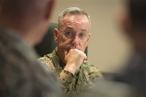 U.S. Marine Gen. Joseph F. Dunford Jr., chairman of the Joint Chiefs of Staff, meets with U.S. Army Gen. David M. Rodriguez, commander, U.S. Africa Command, at AFRICOM headquarters in Stuttgart, Germany Jan. 4, 2016. (DoD Photo by Navy Petty Officer 2nd Class Dominique A. Pineiro)