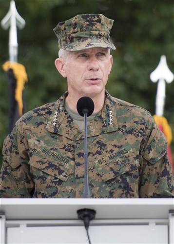 Marine Gen. Thomas D. Waldhauser, U.S. Africa Command commander, delivers remarks during the AFRICOM change of command ceremony at U.S. Army Garrison Stuttgart, Germany, July 18, 2016. Waldhauser assumed command from Army Gen. David M. Rodriguez. Waldhauser is the first Marine AFRICOM commander and the fourth commander overall. DoD Photo by Navy Petty Officer 2nd Class Dominique A. Pineiro