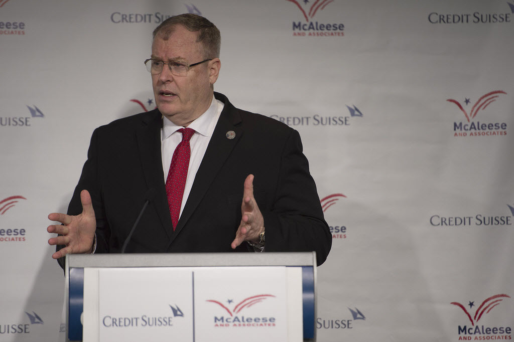 Deputy Secretary of Defense Bob Work speaks at the McAleese/Credit Suisse Defense Programs Conference held at the Newseum in Washington, March 17, 2015. Photo by Air Force Master Sgt. Adrian Cadiz  