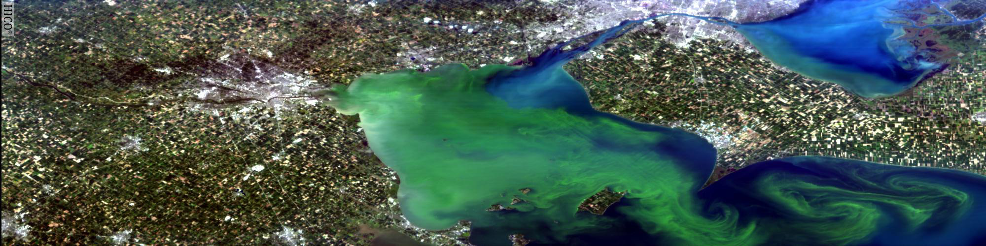 The Hyperspectral Imager for the Coastal Ocean (HICO) took this image of Lake Erie, Ohio on September 3, 2011. Says Dr. Mary Kappus, the U.S. Naval Research Laboratory lead, "Hyperspectral means it takes a picture, but for each spot it separates the light into over 100 separate wavelengths." Photo courtesy of U.S. Naval Research Laboratory.