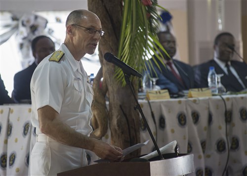 160325-N-QF605-107
DOUALA, Cameroon (March 25, 2016) - Vice Adm. Michael Franken, U.S. Africa Command deputy commander for military operations, speaks during the Exercise Obangame/Saharan Express 2016 closing ceremony in Douala, Cameroon, March 25, 2016. Obangame/Saharan Express, one of three African regional express series exercises facilitated by U.S. Naval Forces Europe-Africa/U.S. 6th Fleet, seeks to increase regional cooperation, maritime domain awareness, information sharing practices and improve interoperability among participating forces in order to enhance maritime security and regional economic stability. (U.S. Navy photo by Mass Communication Specialist 1st Class Amanda Dunford/Released)