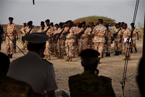 CAMP CHEIK OSMAN, Djibouti – Djiboutian Armed Forces (FAD) Soldiers graduate after completing a five month Area Logistics Training instructed by U.S. Army Regionally Aligned Forces Soldiers, May 19, 2016, at Camp Cheik Osman, Djibouti. The FAD Soldiers learned basic logistics functions, supply, economy, warehouse operations, maintenance along with rifle marksmanship, convoy operations and heavy weapons. (U.S. Air Force photo by Staff Sgt. Tiffany DeNault/Released)