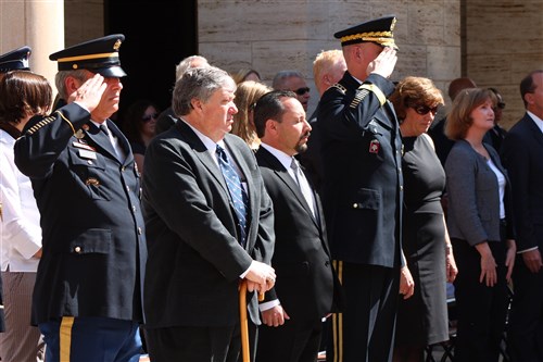 L-R: AFRICOM Senior Enlisted Leader, U.S. Army Command Sgt. Maj. Darrin Bohn, U.S. Amb. to Libya Peter Bodde, U.S. Amb. to Tunisia Daniel Rubenstein and AFRICOM Commander, U.S. Army Gen. David Rodriguez render honors to the fallen during a wreath laying ceremony conducted at the North Africa American Cemetery and Memorial in Carthage, Tunisia, May 30, 2016. (U.S. Africa Command photo by Samantha Reho/Released) 