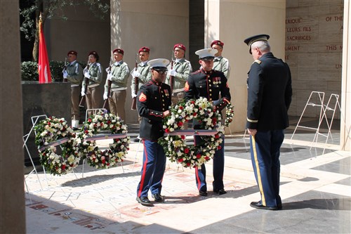 U.S. Army Col. Kenneth Adgie lays a wreath to honor the First Armored Division at the North Africa American Cemetery and Memorial in Carthage, Tunisia, May 30, 2016. (U.S. Africa Command photo by Samantha Reho/Released)  