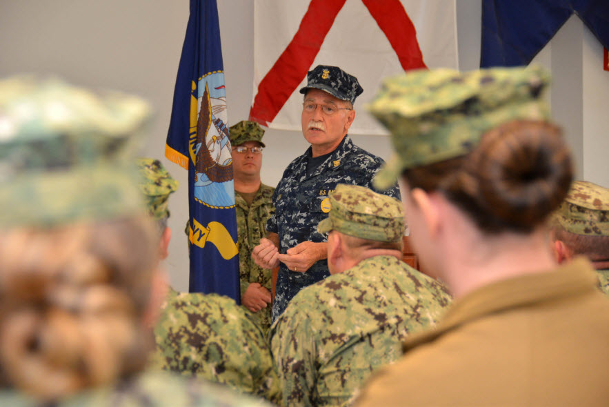 Information Systems Technician Master Chief James L. Leuci at Navy Expeditionary Logistics Support Group (NAVELSG) Yorktown, Virginia, for a Pearl Harbor commemoration event.